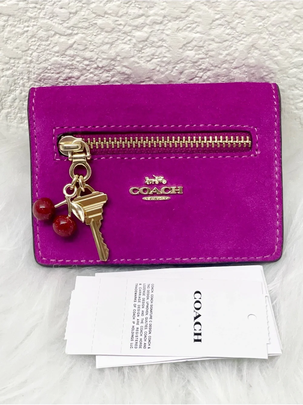 COACH Card Case With Key And Cherry Charms Suede CGA71 Magenta Pink